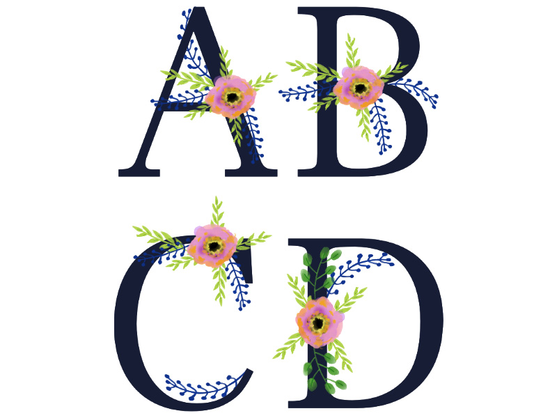 Floral alphabet, letter B with watercolor navy blue flowers and